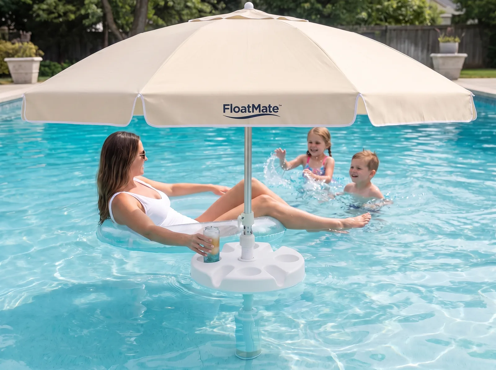 A mother in the shade of a FloatMate with a drink from its table while two children play in the pool