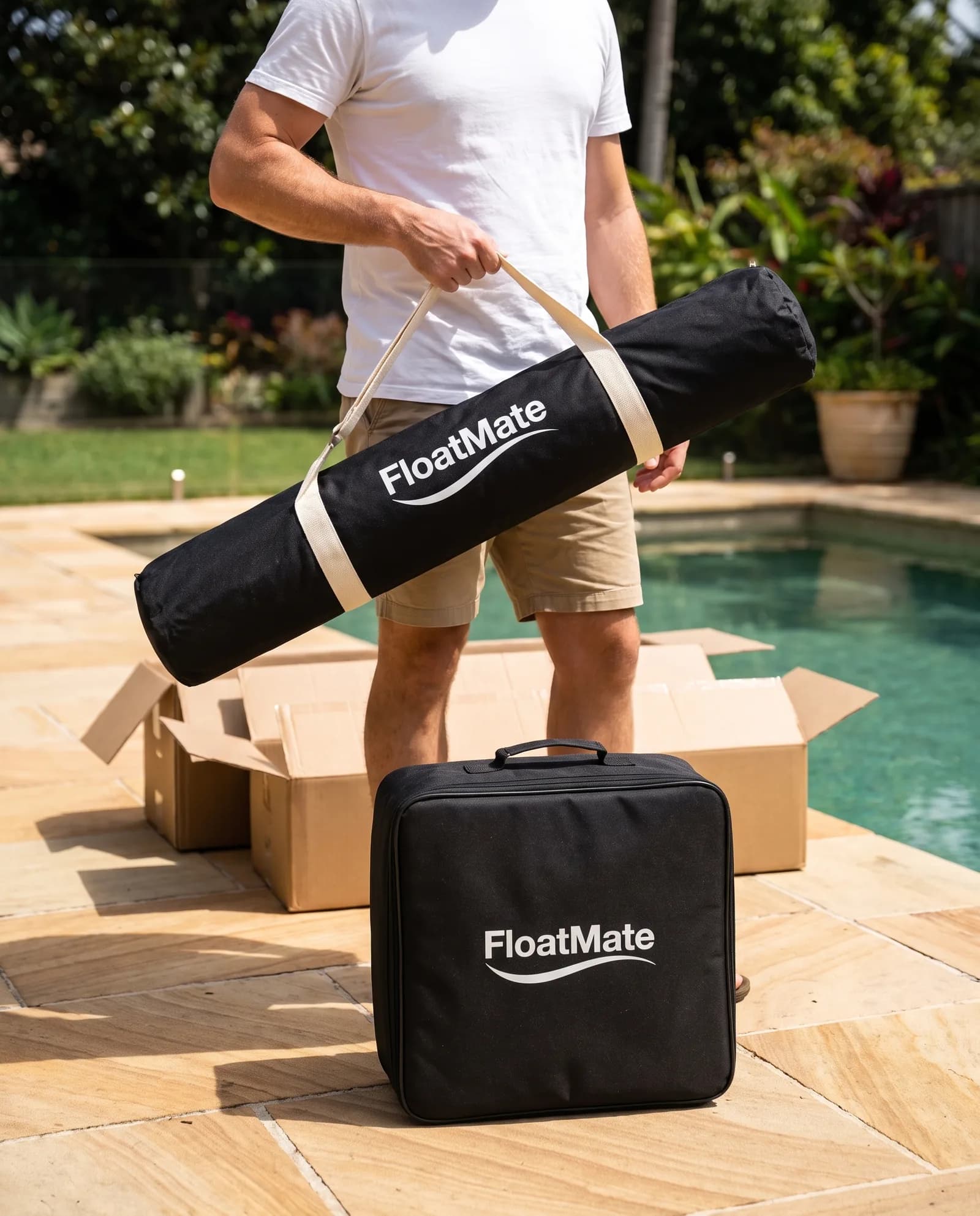 A man by the pool holding the long black FloatMate umbrella bag, the square base bag at his feet