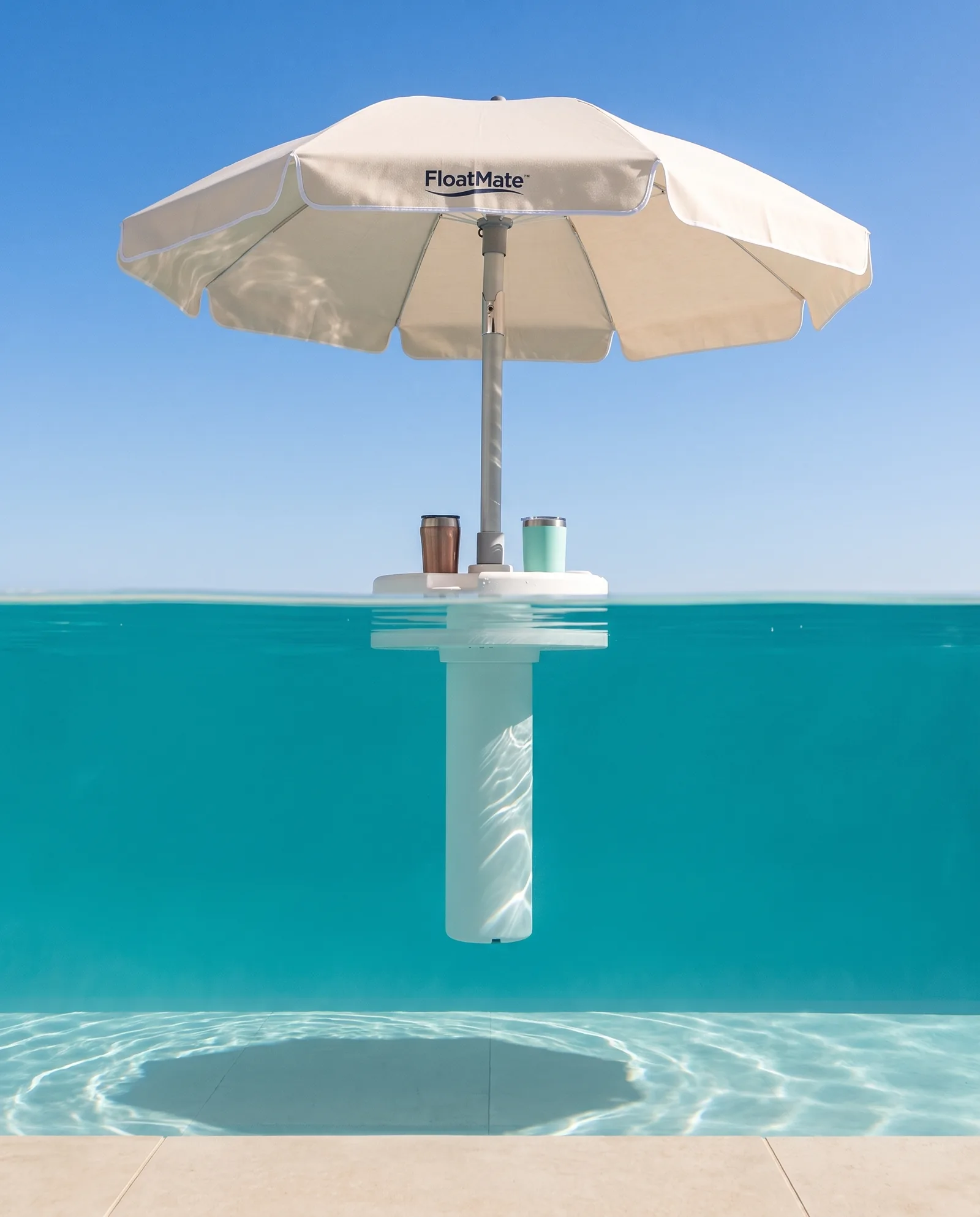 Half above and half below the waterline: the FloatMate floating with drinks on top, its white column hanging in open water well above the pool floor